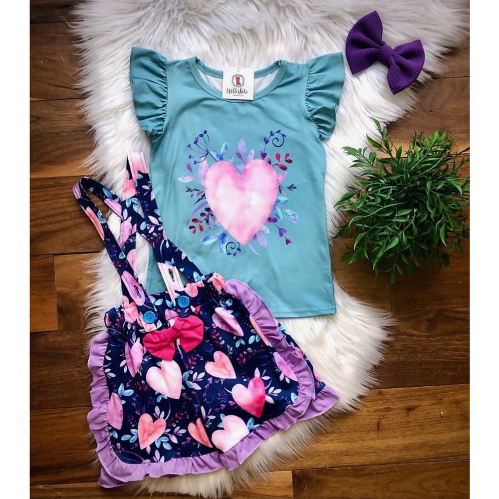 Wellington Designs Watercolor Hearts Suspender Shorts Set, Sz 18/24 NWT